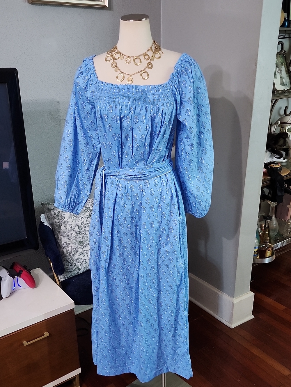 Boho DARLING Blue Long Sleeve Smocked MAXI Dress Sz. M Oversized